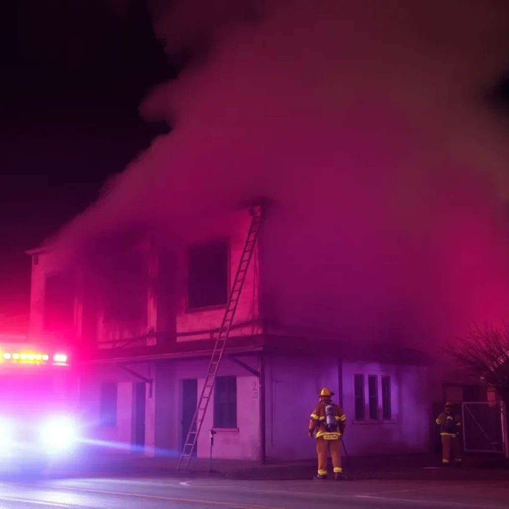 Firefighters managing a blaze in an abandoned San Antonio building at night.