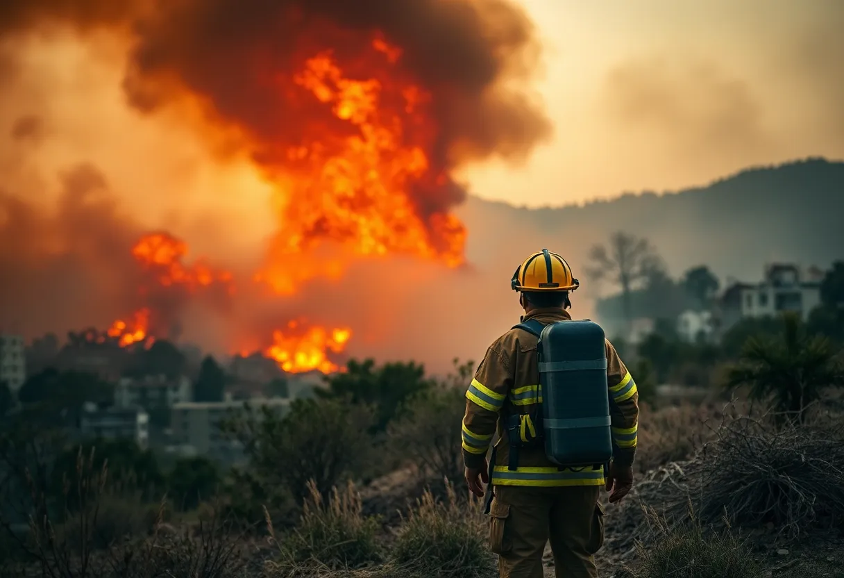 Firefighters working to control a wildfire in Los Angeles