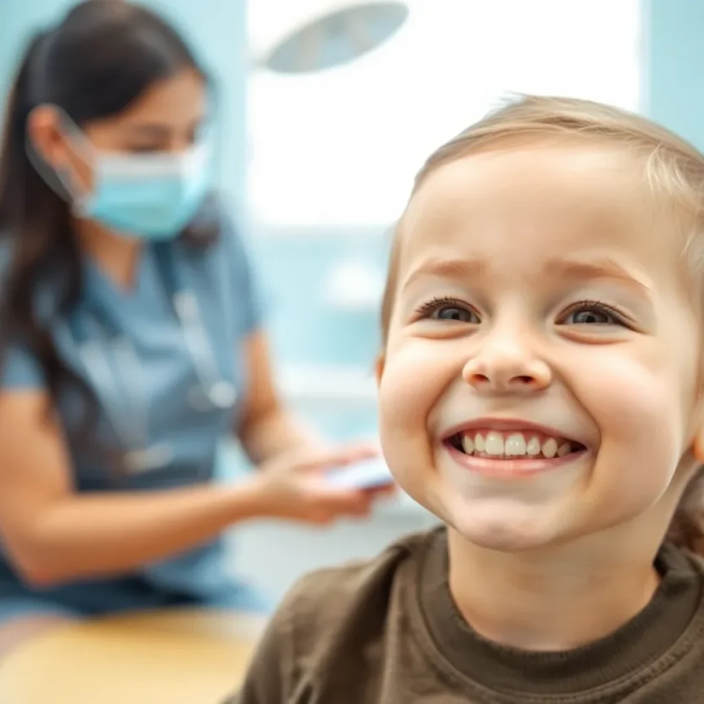 Child receiving dental care with a smiling dentist