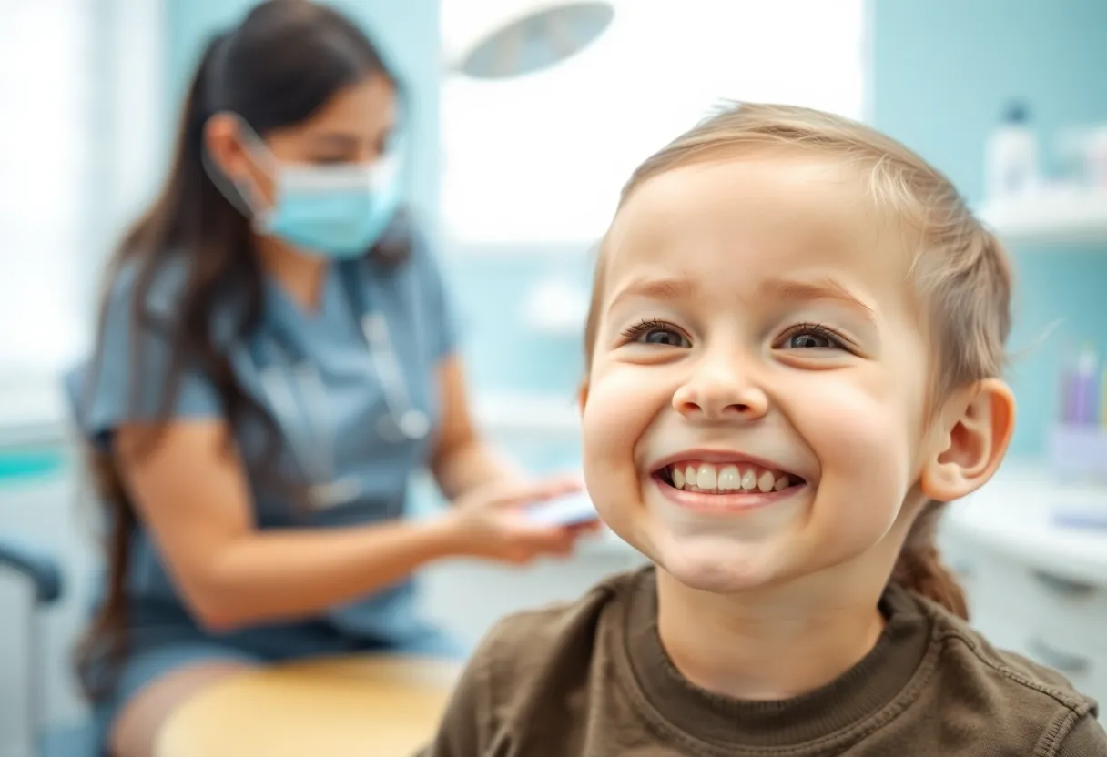 Child receiving dental care with a smiling dentist