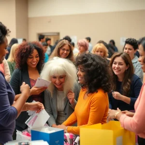 Community members receiving free wigs during the event for cancer patients in San Antonio.