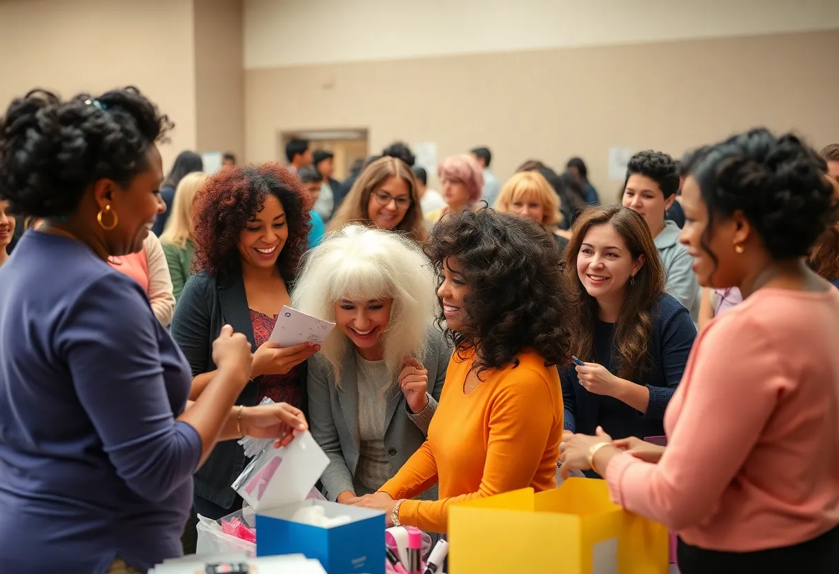 Community members receiving free wigs during the event for cancer patients in San Antonio.