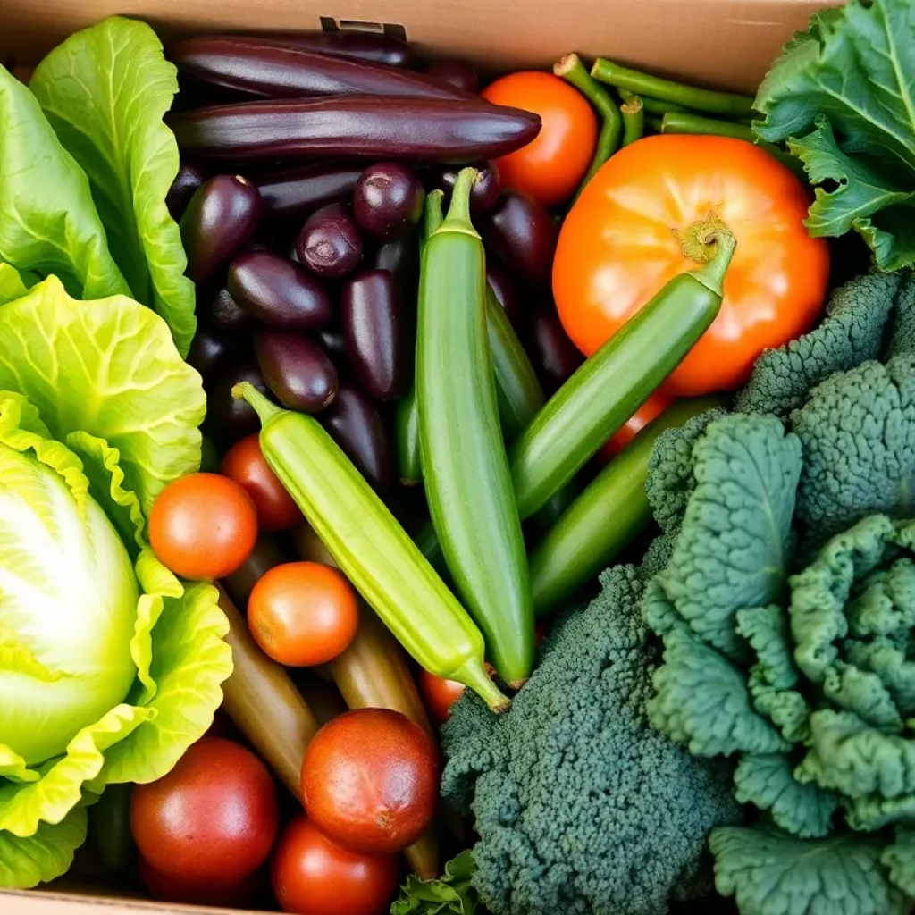 Boxes filled with seasonal fresh produce at UTSA