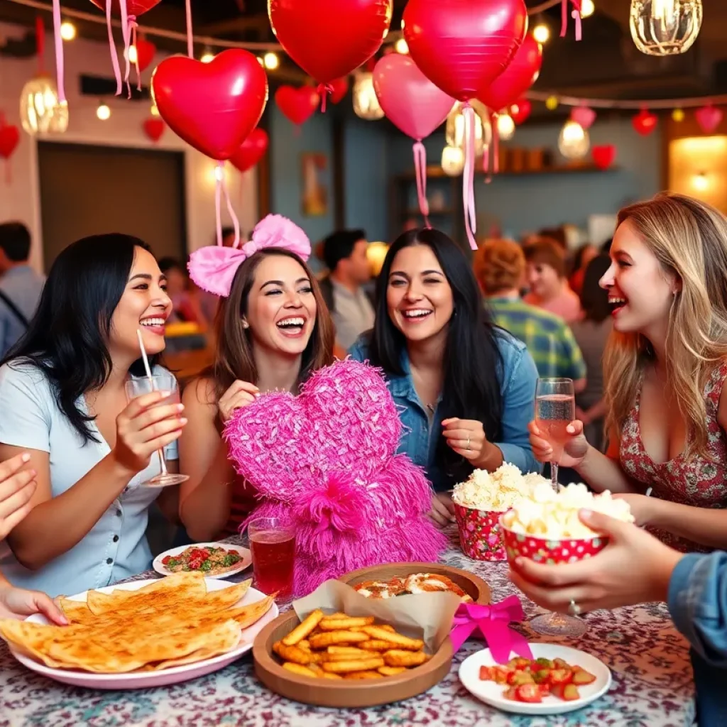 Friends celebrating Galentine's Day with food and laughter in San Antonio