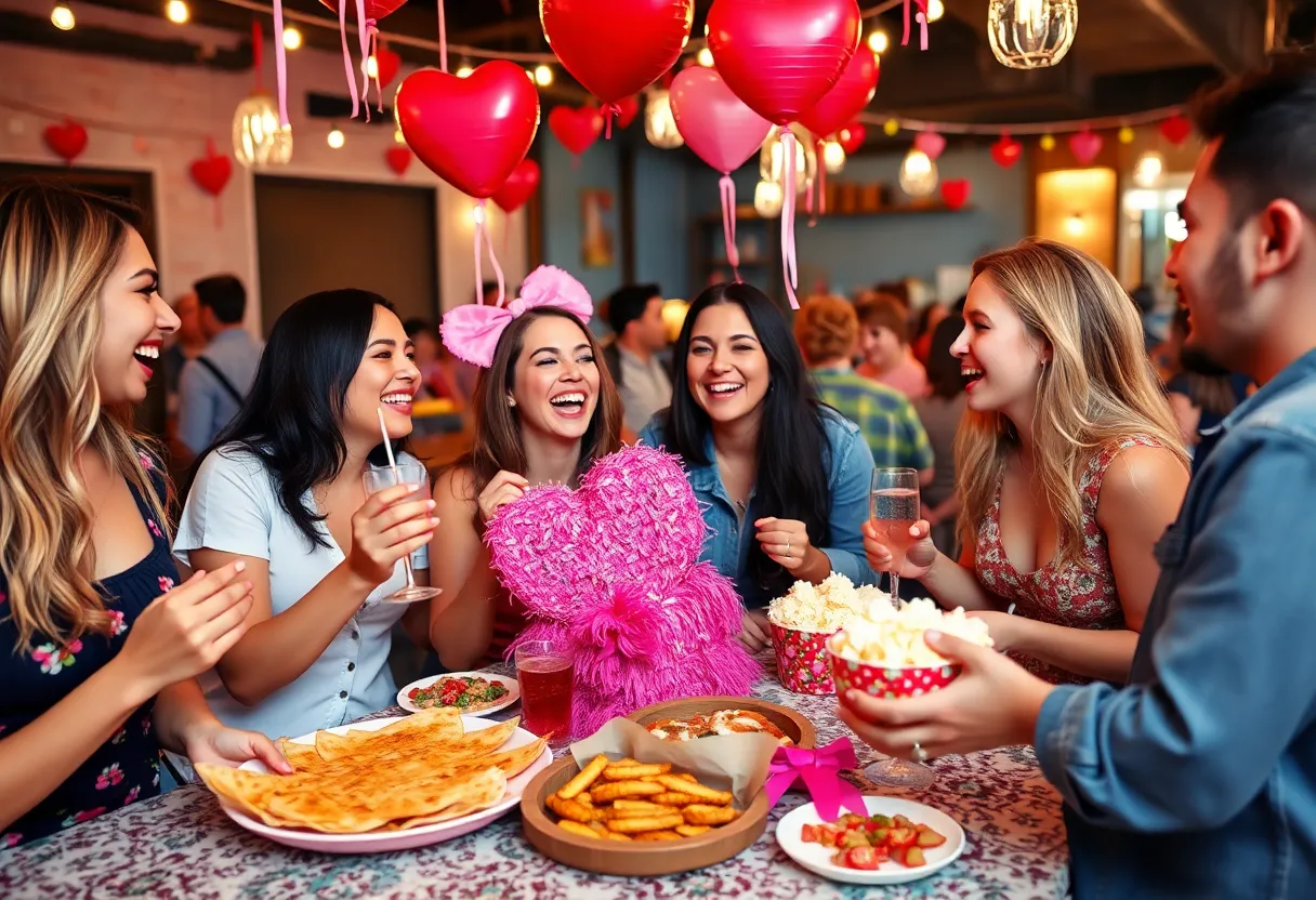 Friends celebrating Galentine's Day with food and laughter in San Antonio