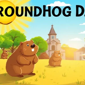 Illustration of groundhogs in a sunny San Antonio landscape celebrating Groundhog Day