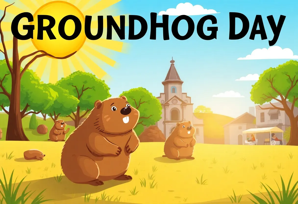 Illustration of groundhogs in a sunny San Antonio landscape celebrating Groundhog Day