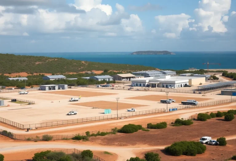 Panoramic view of the Guantanamo Bay detention facility with construction underway.