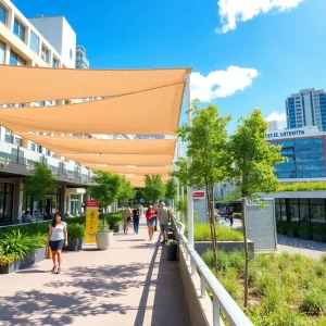 Urban landscape with cooling features like shade and misting systems