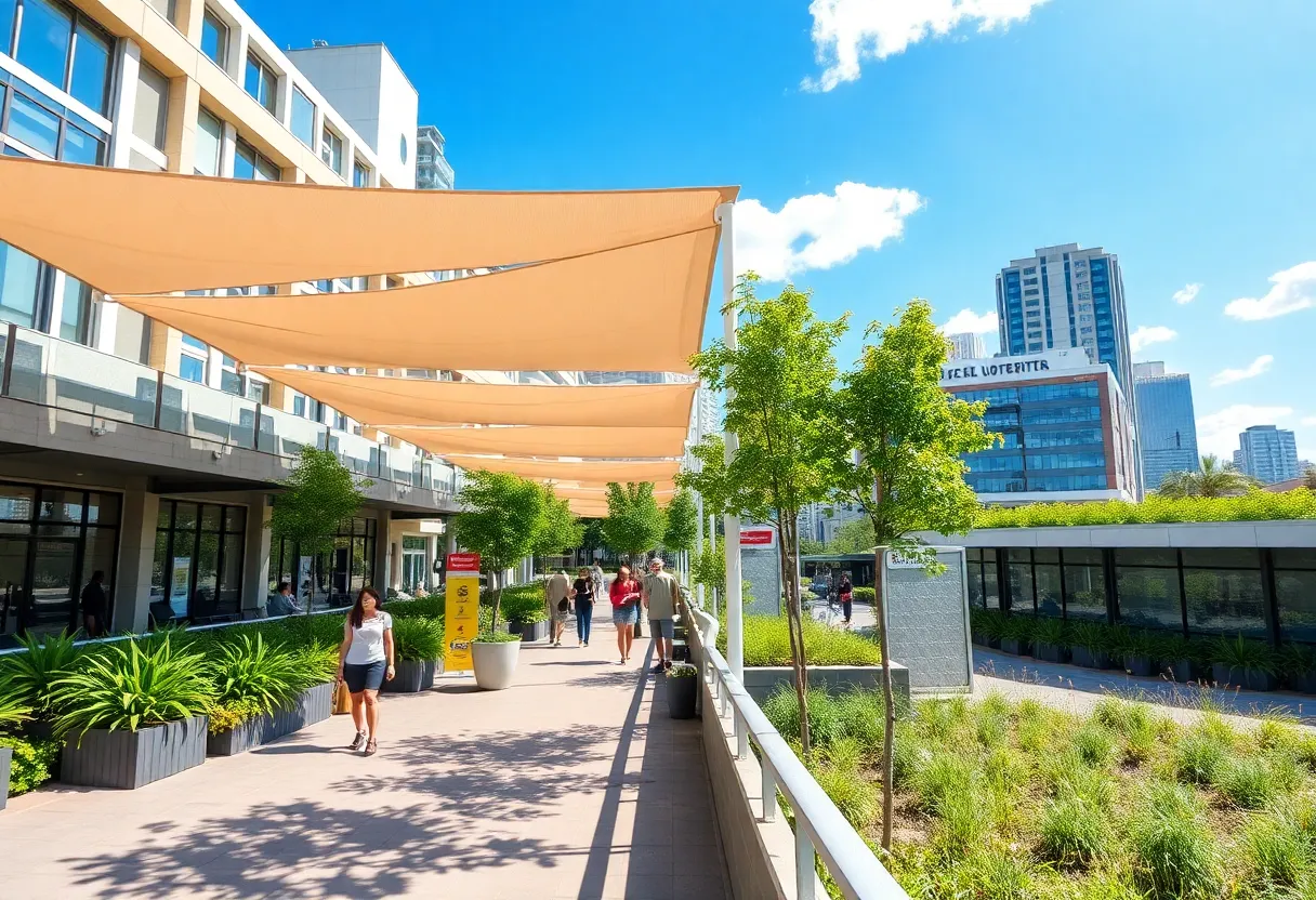 Urban landscape with cooling features like shade and misting systems