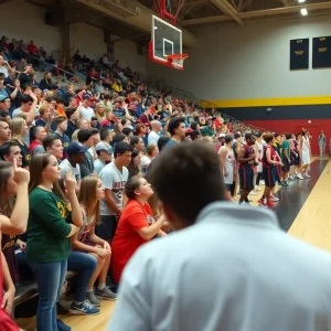 A crowded high school gym during a basketball game, showcasing fans and players in action.