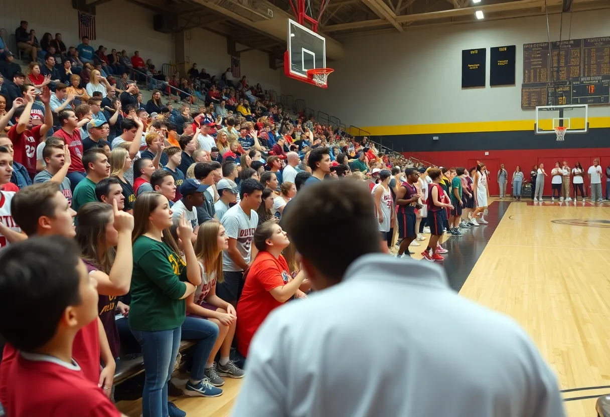 A crowded high school gym during a basketball game, showcasing fans and players in action.