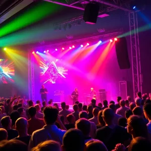 Concert audience enjoying an '80s music concert with vibrant lights.