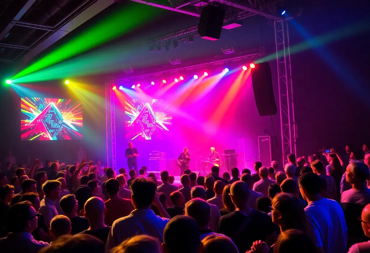 Concert audience enjoying an '80s music concert with vibrant lights.