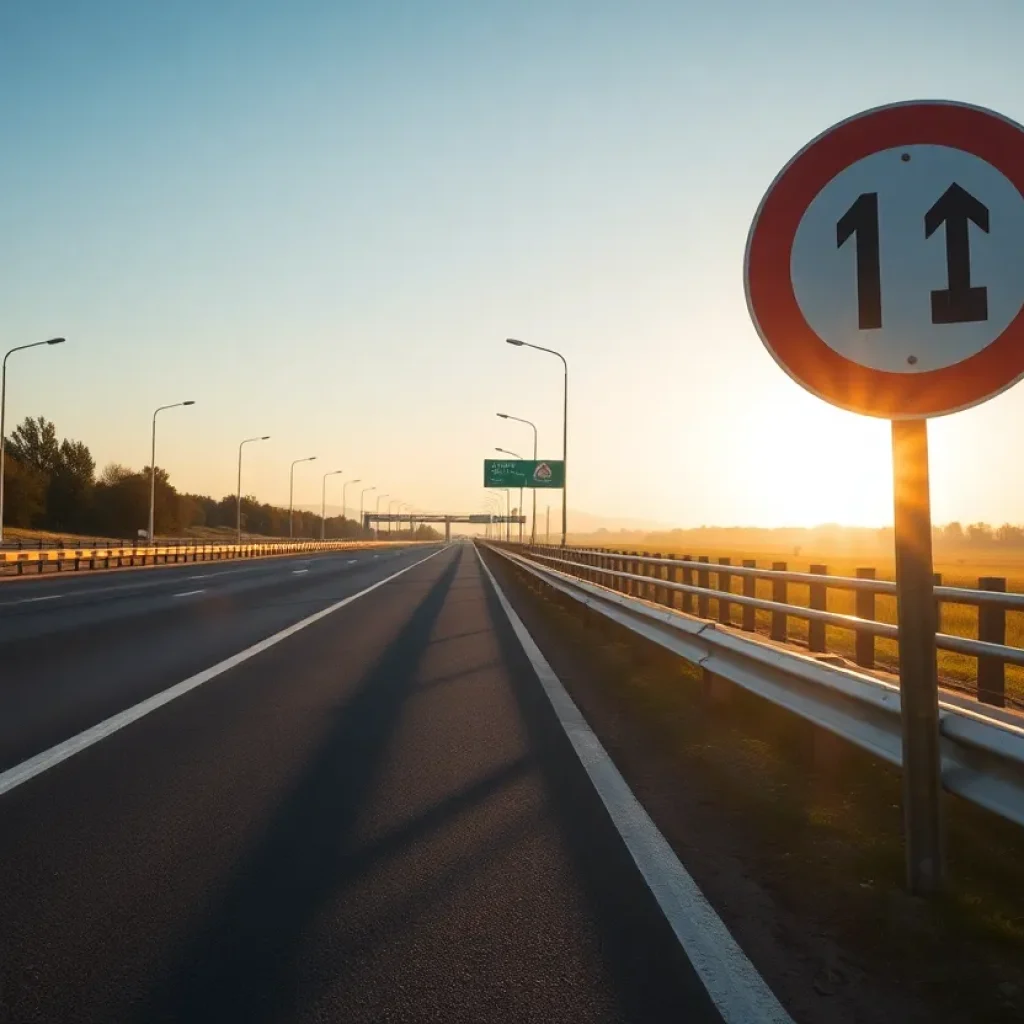 Highway road signs and safety barriers under morning light