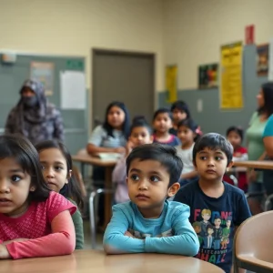 Families in front of a school looking concerned about ICE operations in San Antonio