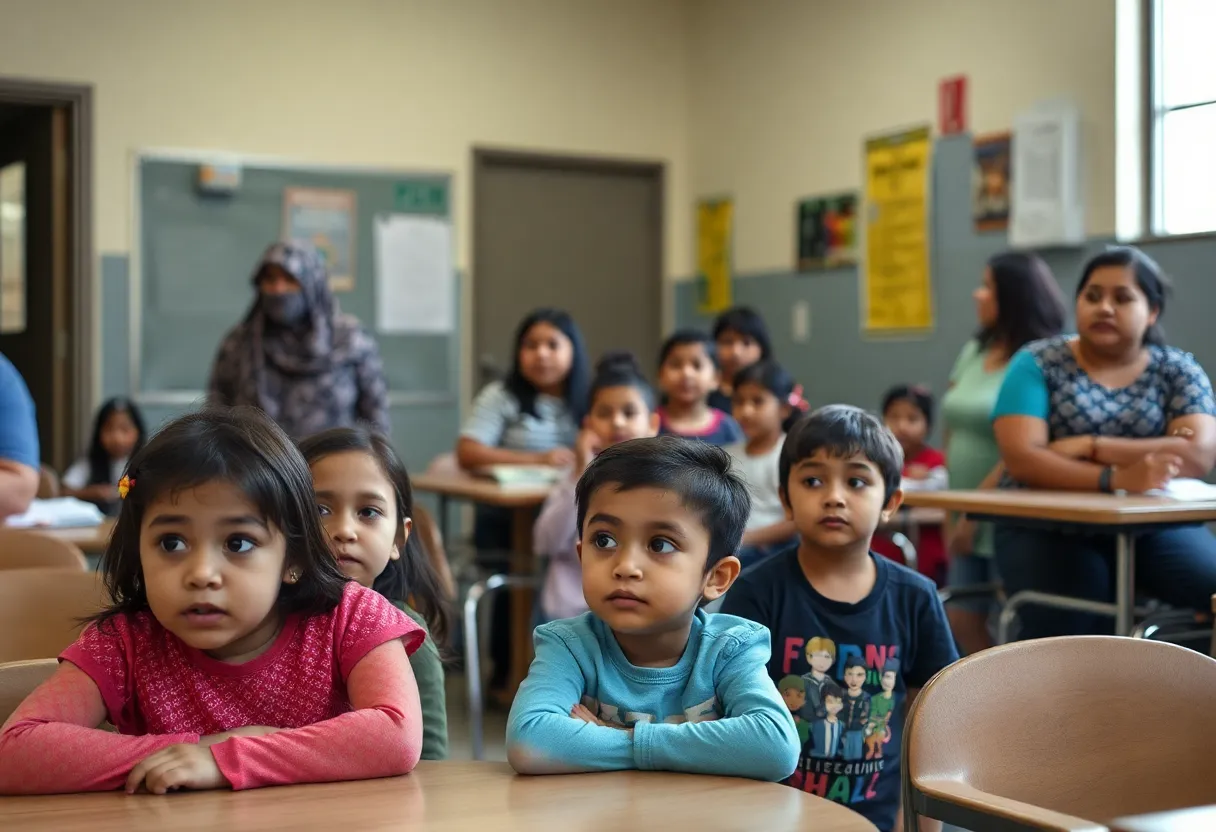 Families in front of a school looking concerned about ICE operations in San Antonio