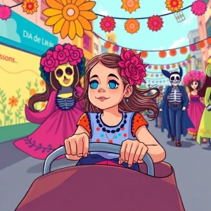 Illustration of a young girl in a Día de Muertos parade