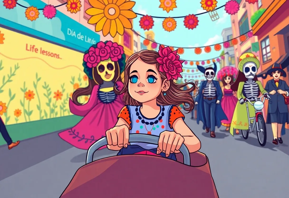 Illustration of a young girl in a Día de Muertos parade