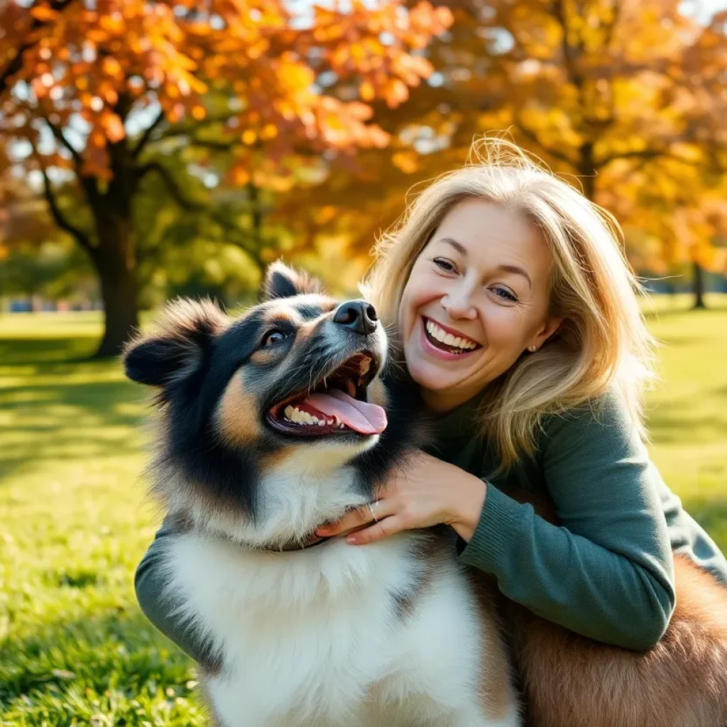 A joyful reunion between a dog and its owner in a park setting.