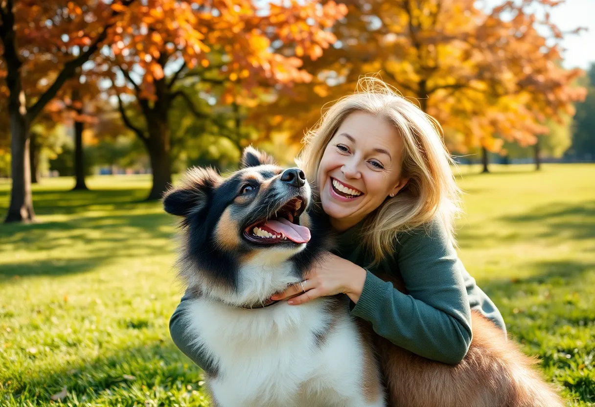 A joyful reunion between a dog and its owner in a park setting.