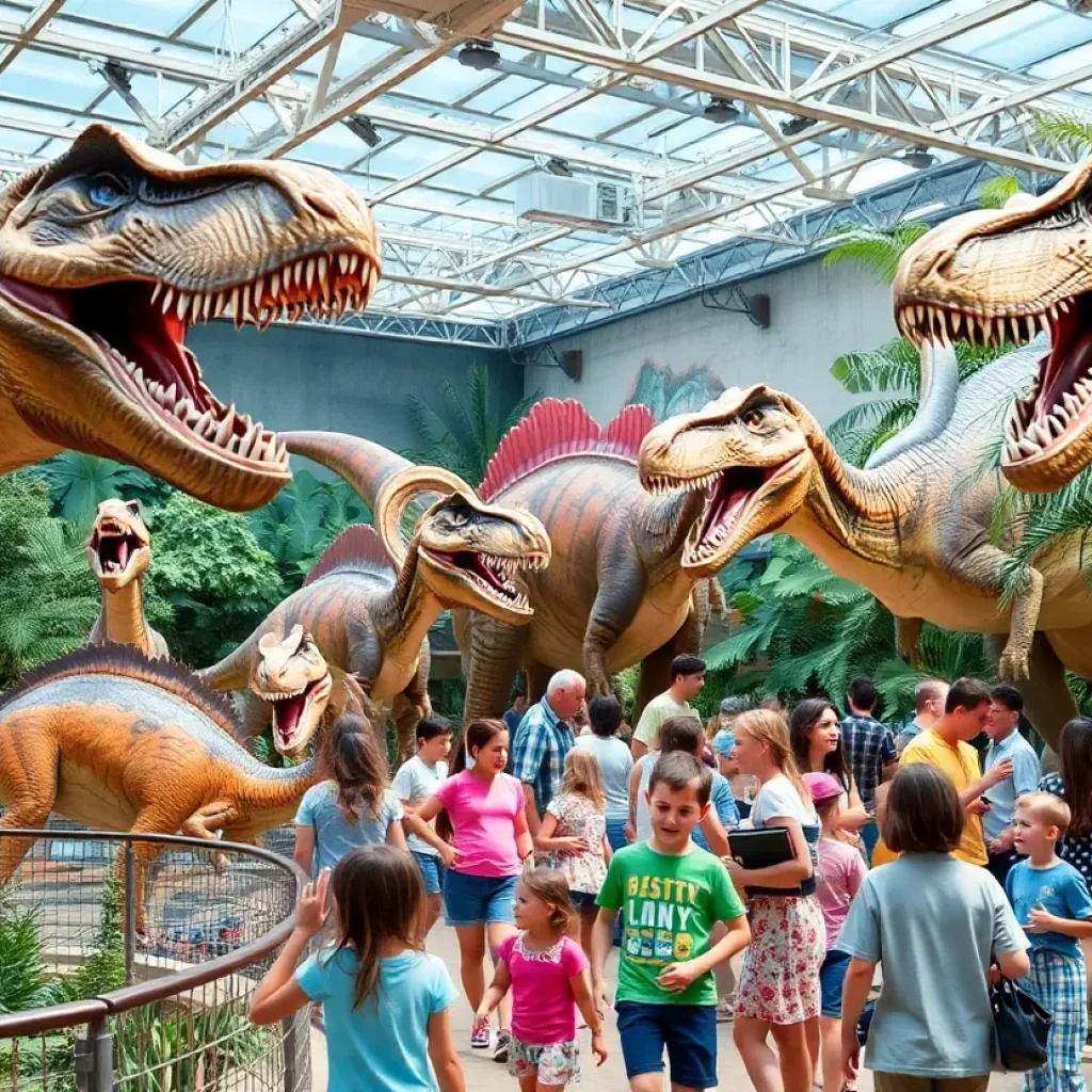 Families enjoying Jurassic Quest with life-size animatronic dinosaurs.