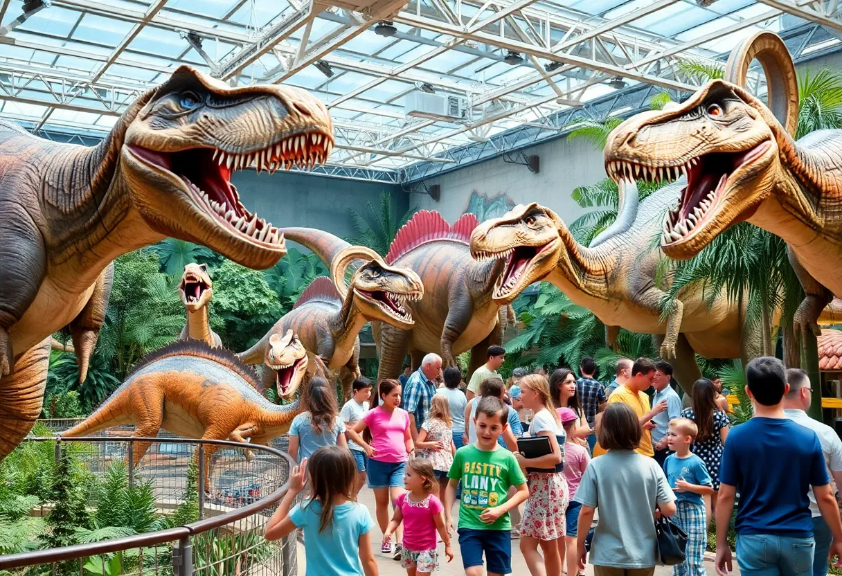 Families enjoying Jurassic Quest with life-size animatronic dinosaurs.