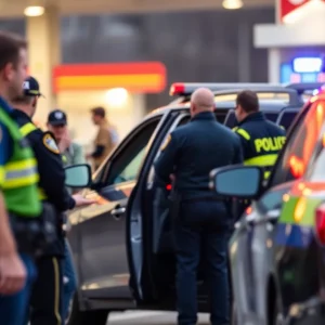 Police vehicle surrounded by officers at a gas station