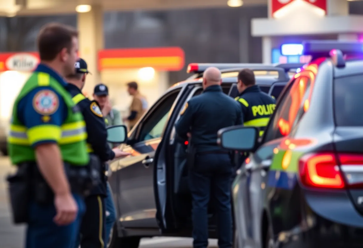 Police vehicle surrounded by officers at a gas station