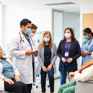 Healthcare professionals assisting patients in a long COVID recovery clinic.