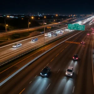 Aerial view of Loop 1604 highway construction area at night in San Antonio.