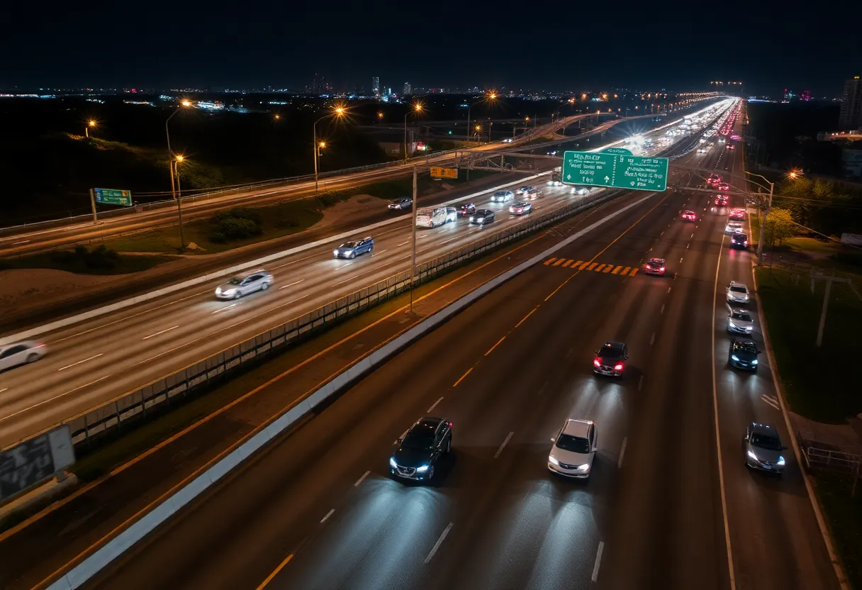 Aerial view of Loop 1604 highway construction area at night in San Antonio.