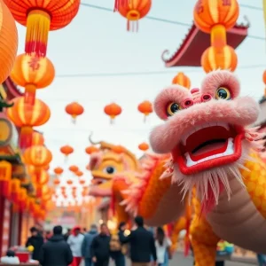 Celebration of Lunar New Year with vibrant decorations and dragon dance.