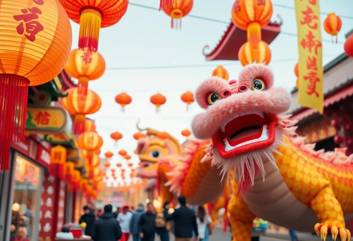 Celebration of Lunar New Year with vibrant decorations and dragon dance.