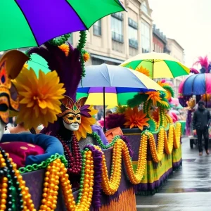 Mardi Gras parade scene with festive elements in rainy weather