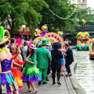 Vibrant Mardi Gras scene at San Antonio River Walk