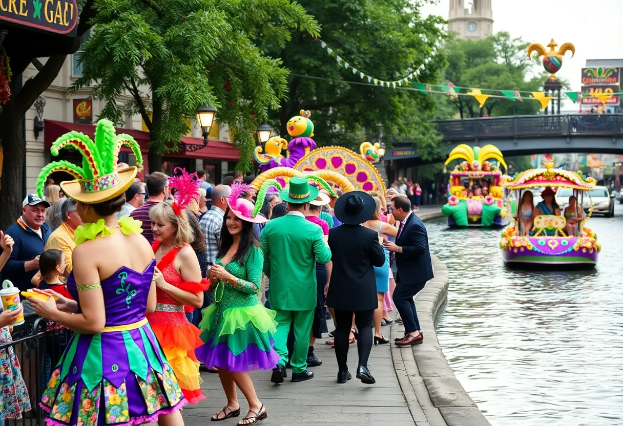 Vibrant Mardi Gras scene at San Antonio River Walk