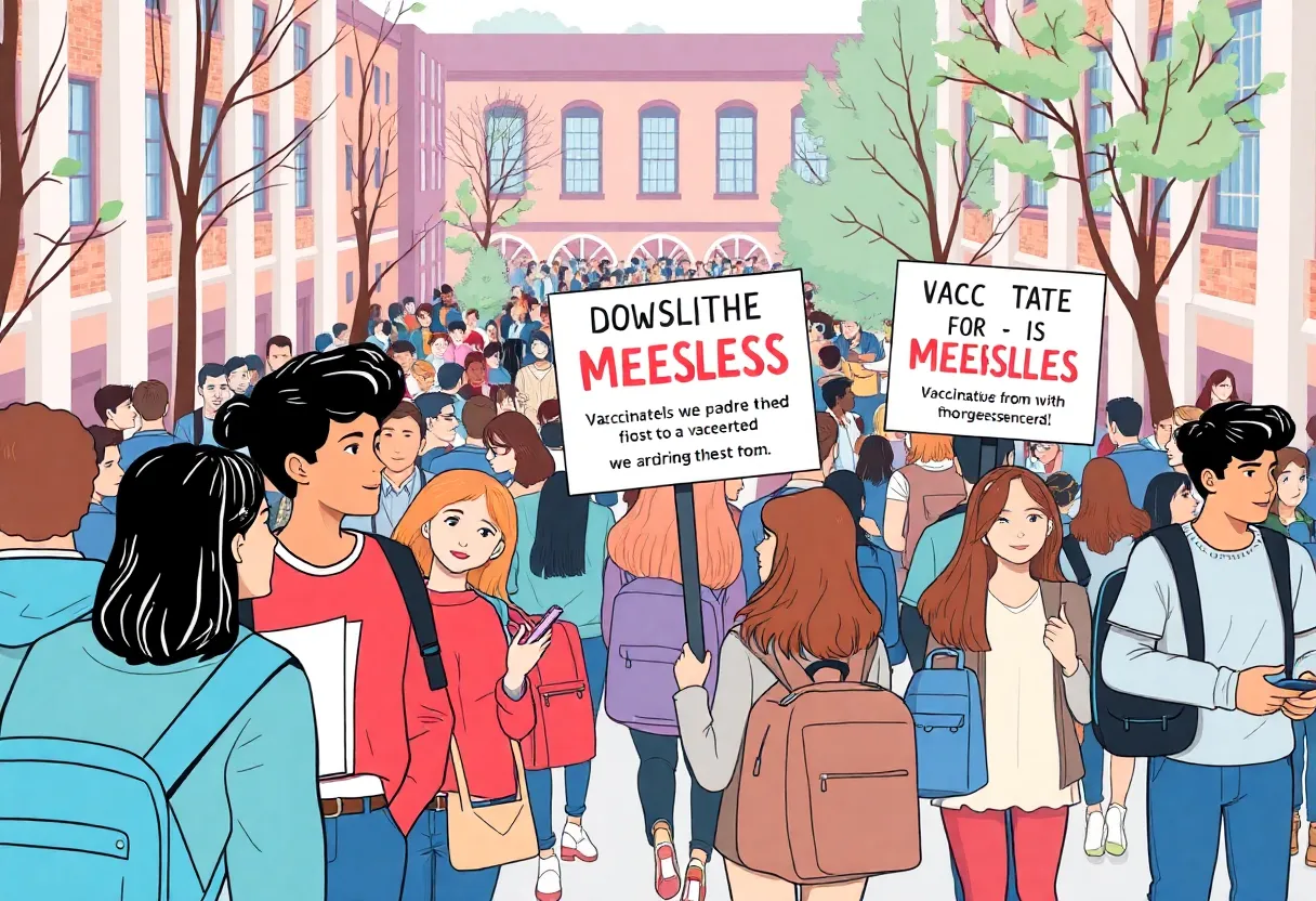 Students on a university campus with health awareness signs about measles vaccinations