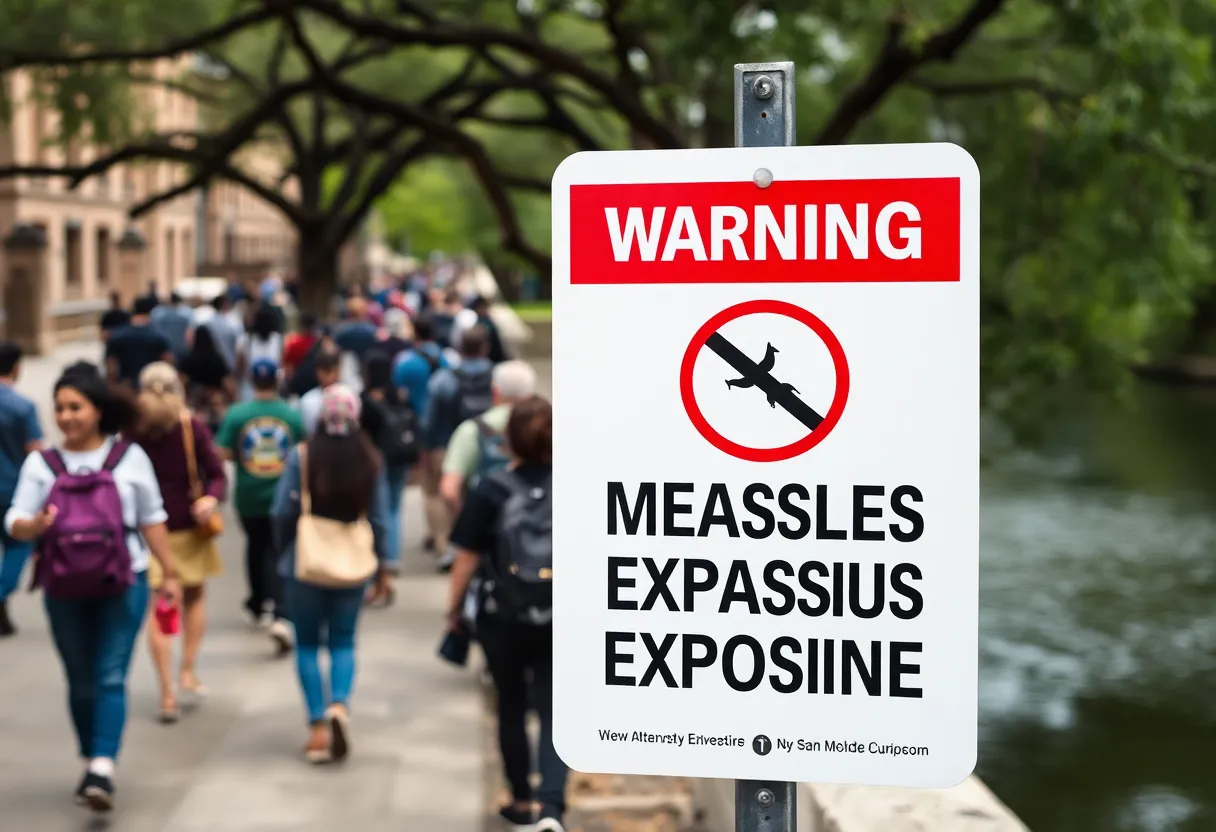 Warning sign about measles exposure with university campus and river walk in view