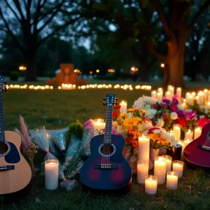 Candlelight vigil with musical instruments in memory of a local musician.