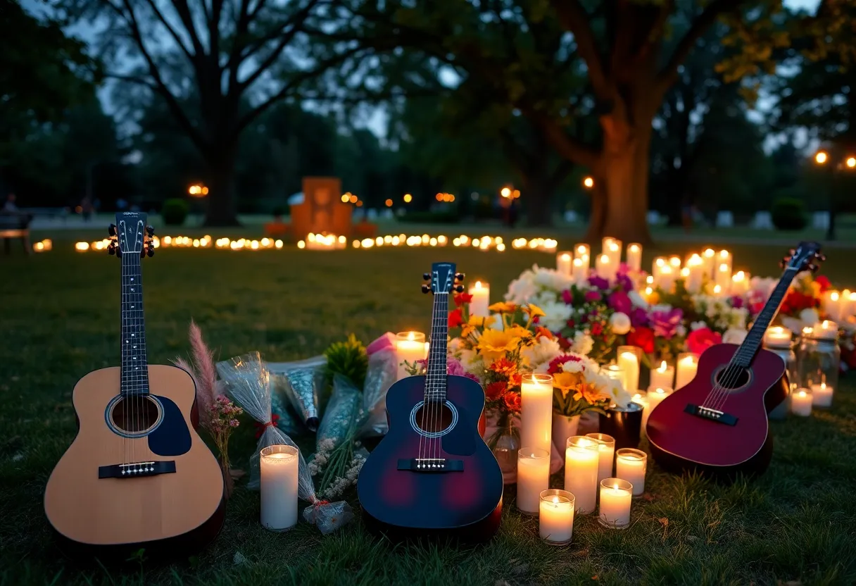 Candlelight vigil with musical instruments in memory of a local musician.