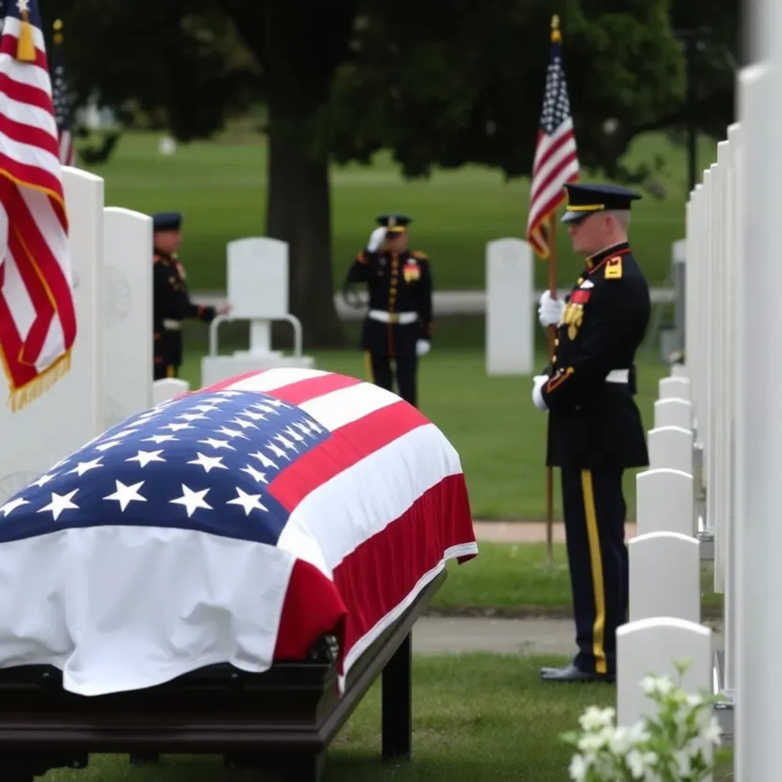 A flag-draped casket surrounded by honor guards during a soldier's funeral.