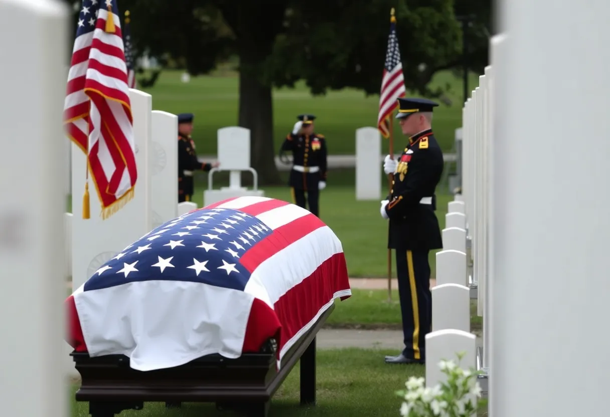 A flag-draped casket surrounded by honor guards during a soldier's funeral.