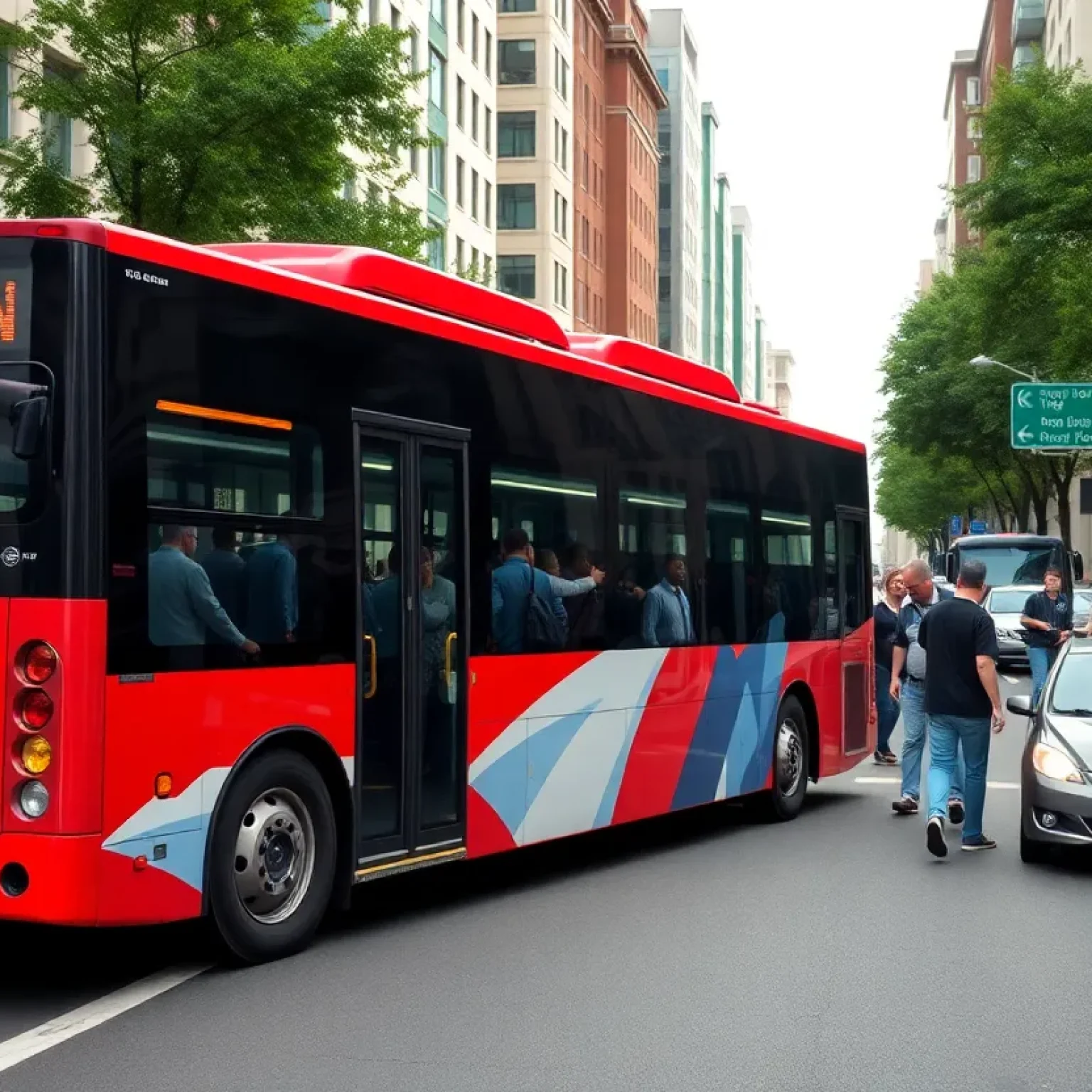 A modern bus in San Antonio with passengers boarding and alighting