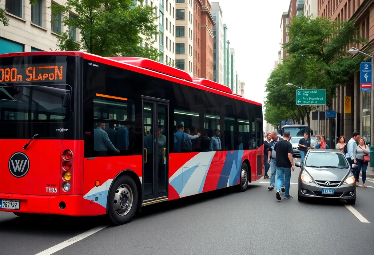 A modern bus in San Antonio with passengers boarding and alighting