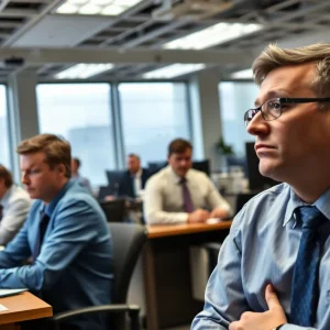 An office setting showing federal employees looks concerned following recent layoffs.