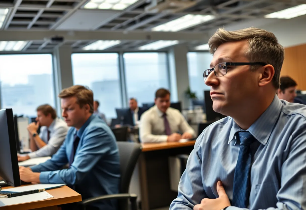 An office setting showing federal employees looks concerned following recent layoffs.