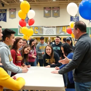 High school athletes celebrating National Signing Day with families and coaches