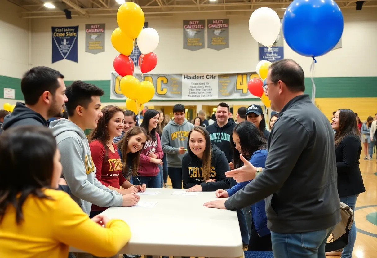 High school athletes celebrating National Signing Day with families and coaches