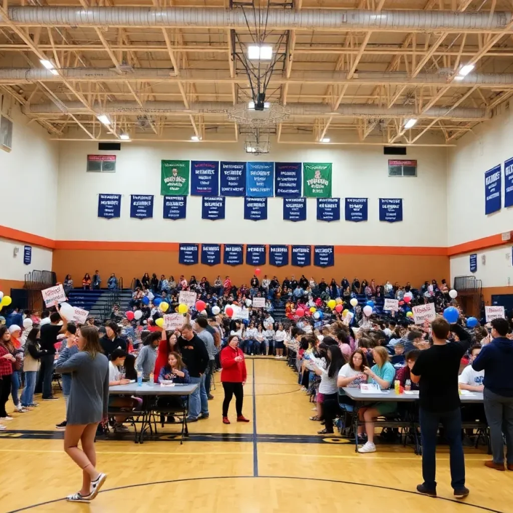 High school athletes celebrating National Signing Day in a decorated gymnasium.